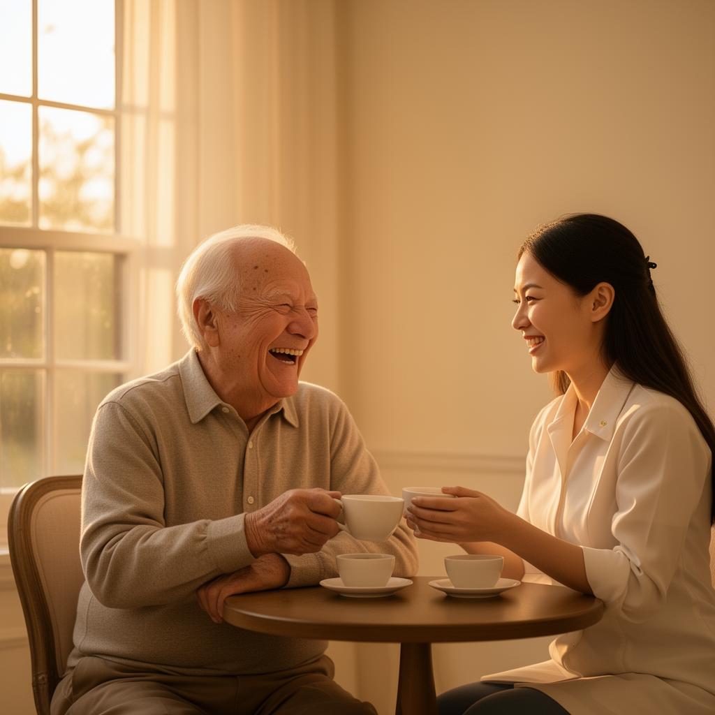 An elderly man and a caregiver share a warm laugh over tea in a sunlit room