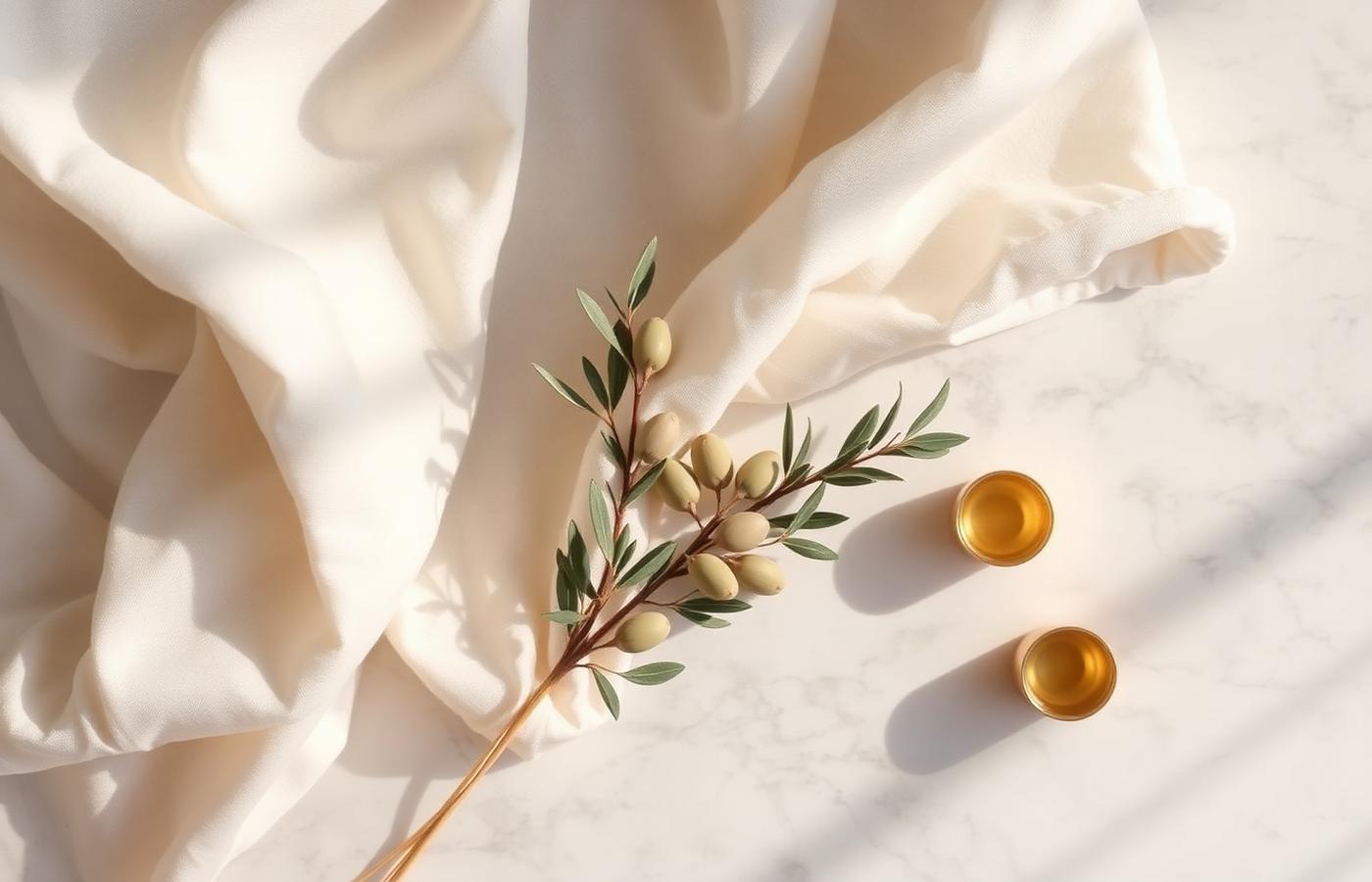 Olive branches and warm gold accents on cream linen